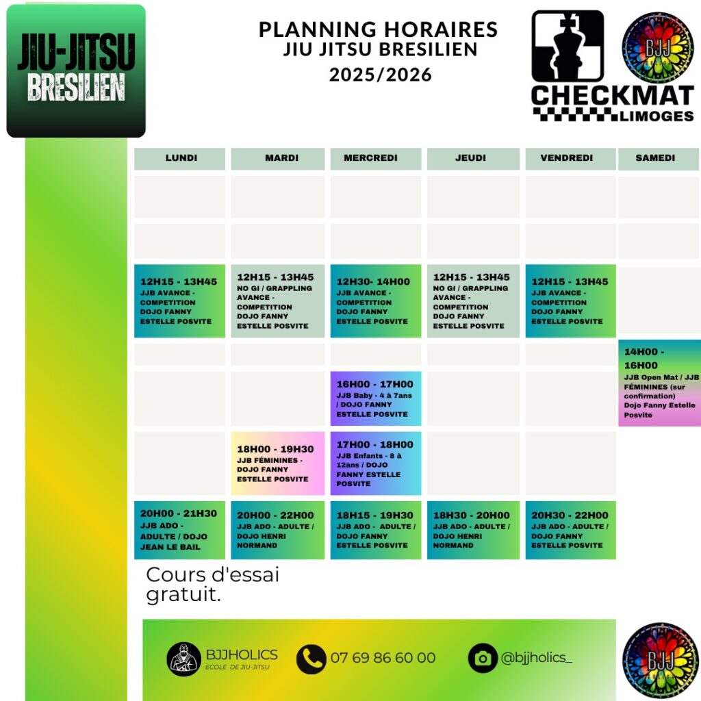 Planning des cours collectifs de jiu-jitsu brésilien à Limoges