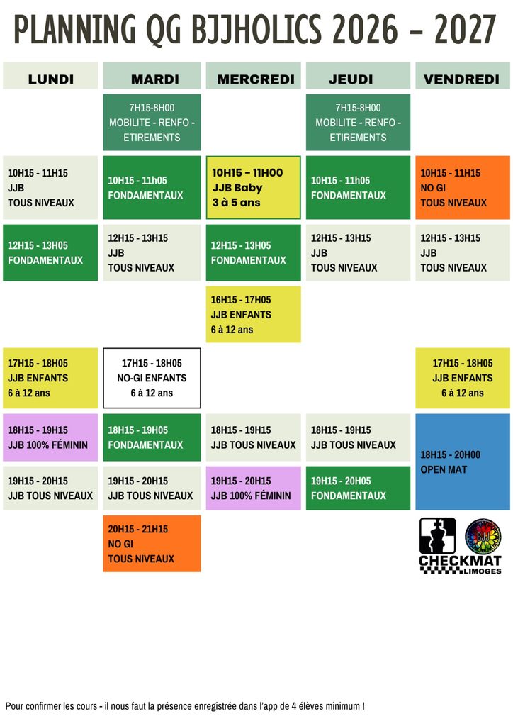 Planning des entraînements de jujitsu brésilien à Limoges