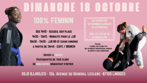 Affiche Octobre Rose 2026 BJJHolics Limoges : matinée 100 % féminine le dimanche 18 octobre au dojo du 126 avenue du Général Leclerc, mobilité, initiation au jiu-jitsu brésilien no-gi et brunch, ouverte aux débutantes, 10 € ou 15 €